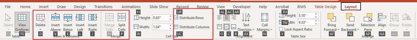 Tables in PowerPoint - Key Shortcuts in the Layout Tab