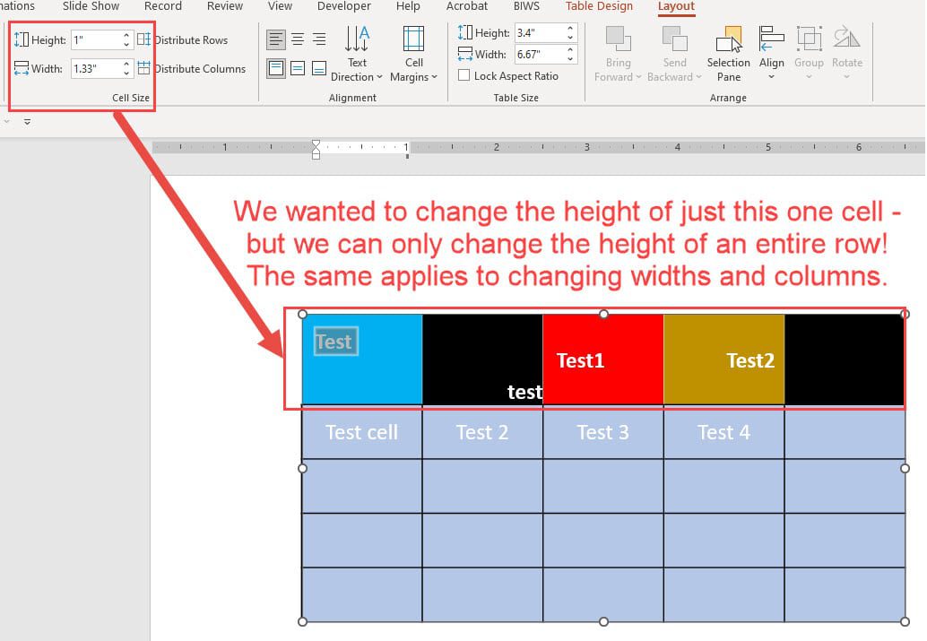 Changing Row Heights and Column Widths in PowerPoint Tables