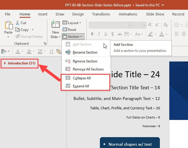 Collapsing and Expanding PowerPoint Sections