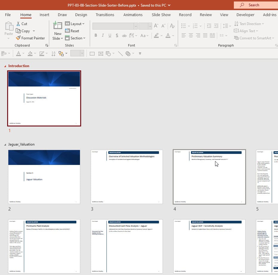 Slide Sorter View with PowerPoint Sections Added